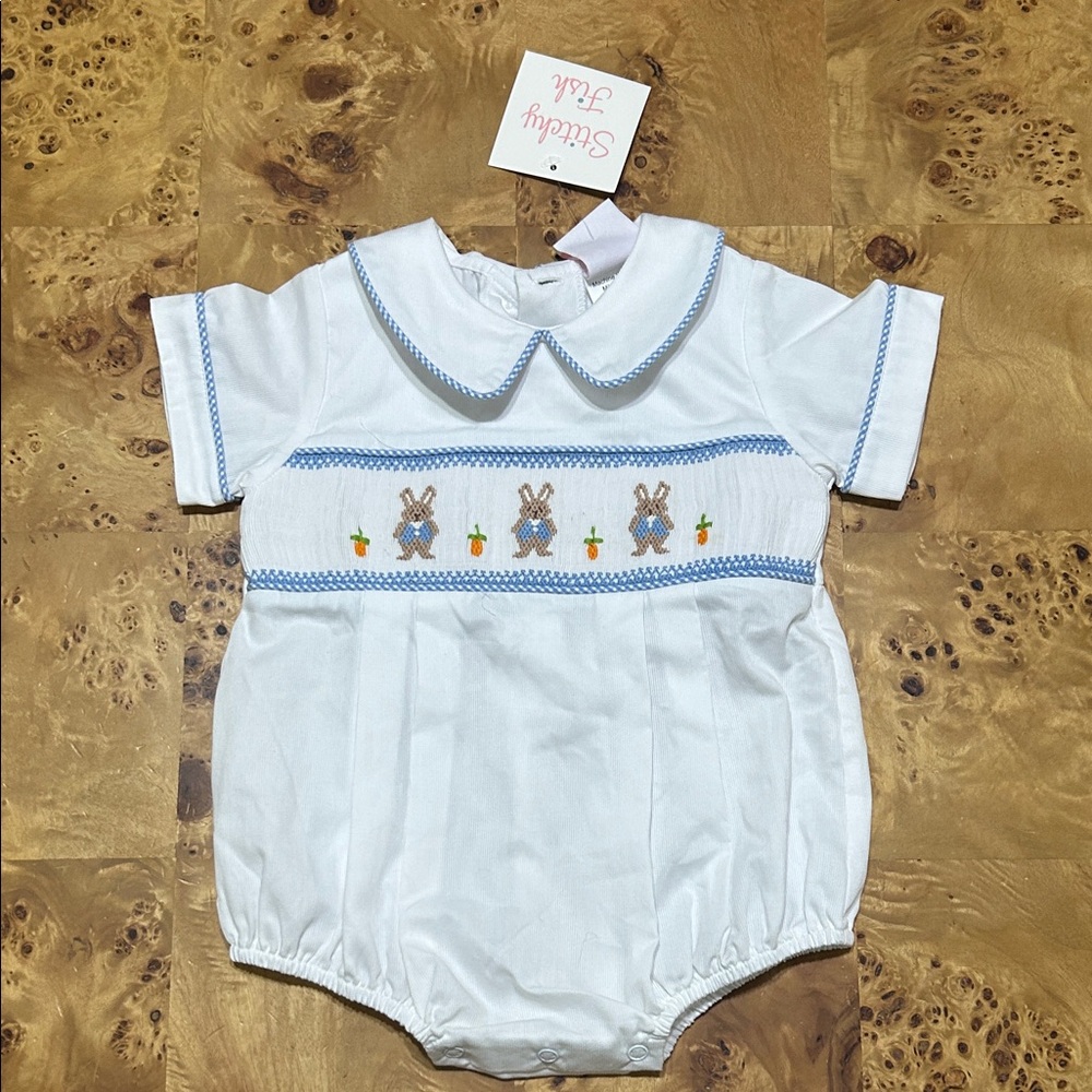 Smocked Bunny Short-Sleeve One-Piece - White with Blue Trim